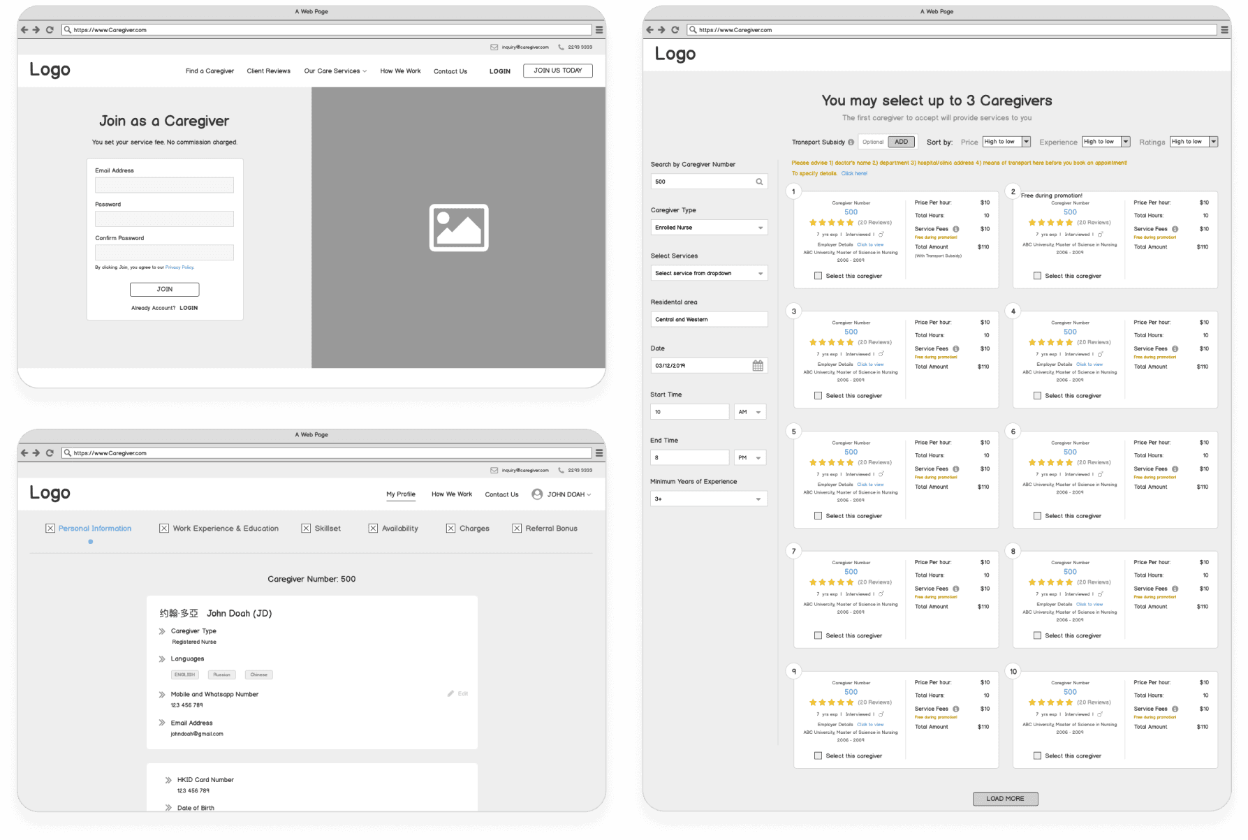 Caregivers's Booking Platform designs